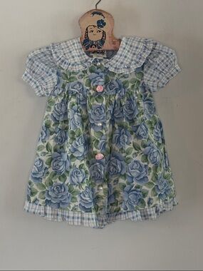 Vintage Jolene blue white green cabbage rose dress Size 24 Months